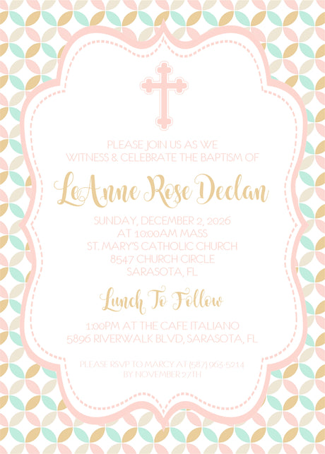 Mint peach cross baptism and first communion invitation