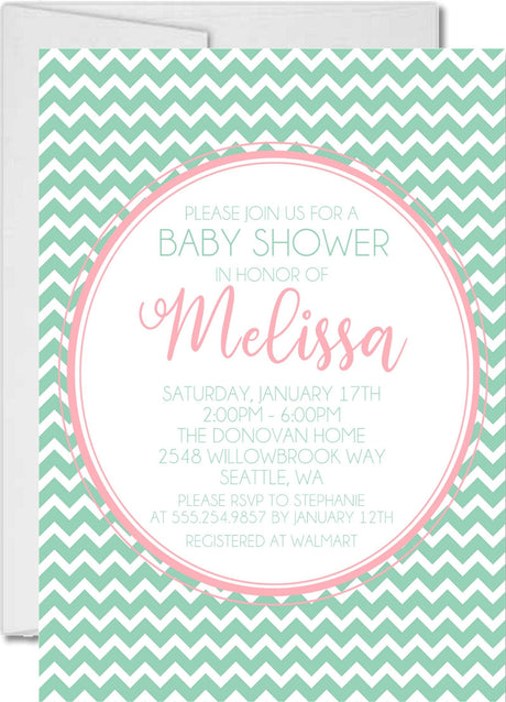 Mint pink chevron baby shower invitations colorful zig zag pattern design