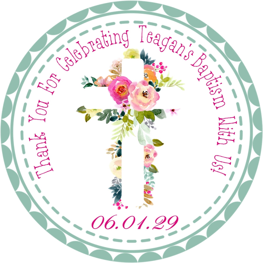 Mint rose wildflower baptism sticker label