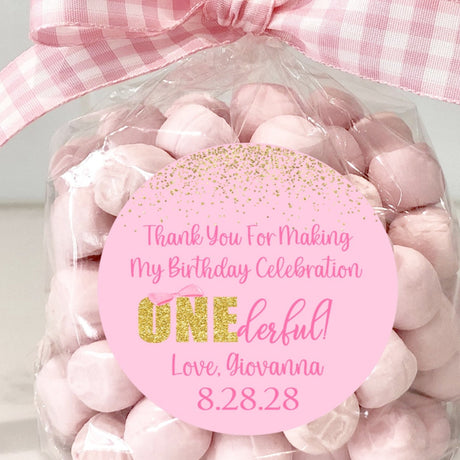 Miss ONEderful pink and gold birthday sticker
