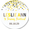 Modern birthday party favor sticker with confetti design and bold text