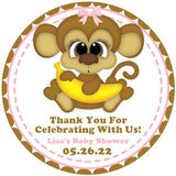 Monkey baby shower sticker with banana and pink bow girl design