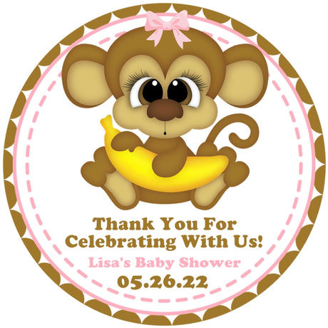 Monkey baby shower sticker with banana and pink bow girl design