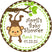 Monkey baby shower sticker with green leaves and hanging monkey design