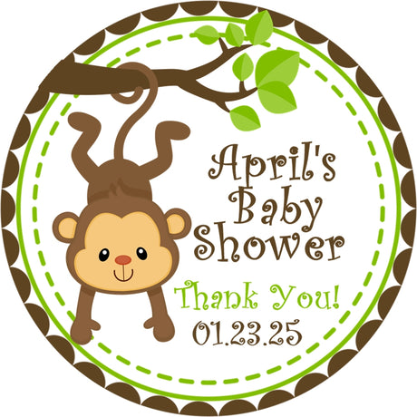 Monkey baby shower sticker with green leaves and hanging monkey design