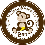 Monkey birthday sticker swinging monkey design
