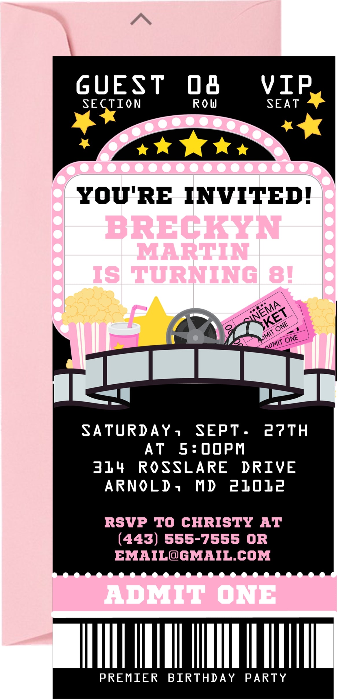 Movie ticket invitation featuring cinema themed artwork and admission ticket layout