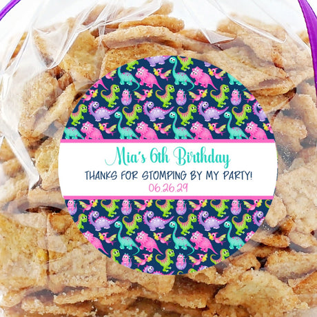 Multicolor dinosaur birthday sticker on navy background