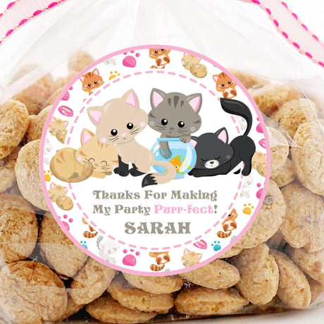 Multiple kitten birthday sticker with pink patterned border