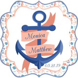 Coastal wedding sticker featuring blue anchor artwork and personalized ribbon design