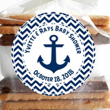 Nautical anchor baby shower sticker with navy chevron border