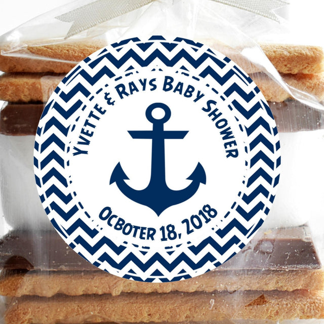 Nautical anchor baby shower sticker with navy chevron border