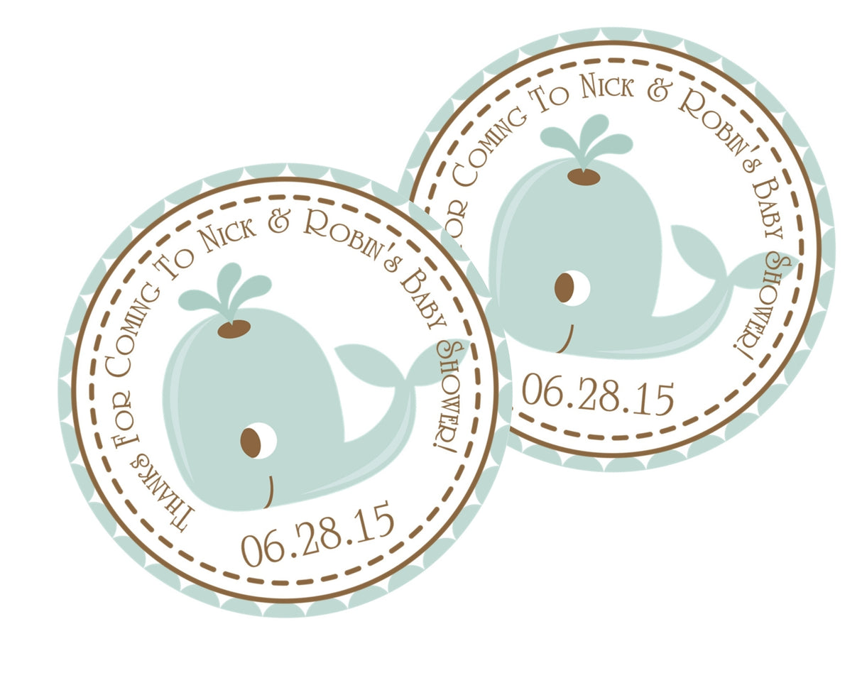 Nautical baby shower favor label with whale