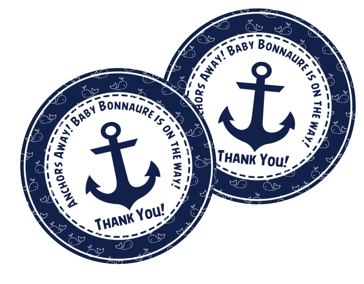 Nautical baby shower favor label with whales and anchor