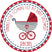Nautical baby shower sticker with red carriage and anchor design