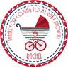 Nautical baby shower sticker with red carriage and anchor design