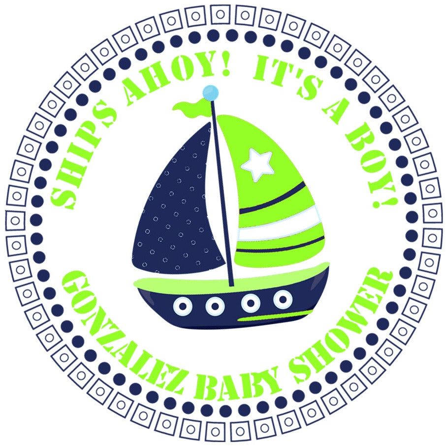 Nautical baby shower sticker with sailboat and lime green accents