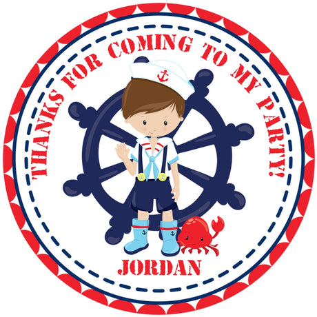 Nautical birthday sticker with sailor boy and ship wheel