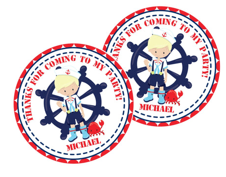 Nautical sailor boy birthday sticker with ship wheel