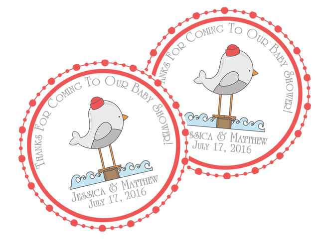 Nautical seagull baby shower sticker with red border