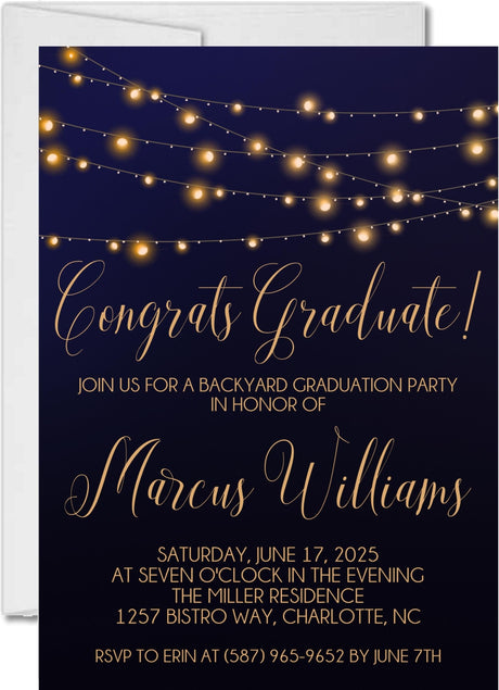Navy and gold bistro lights graduation party invitation with customizable graduation year