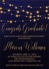 Navy backyard graduation invitation with warm string lights and elegant script