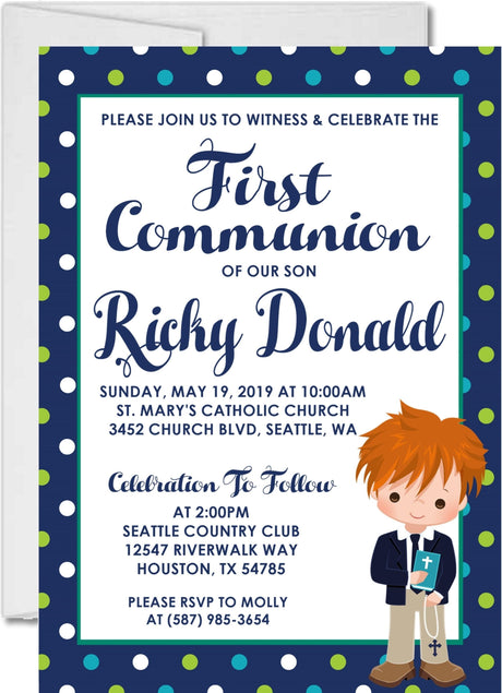Navy blue and green polka dot first holy communion invitation