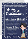 Navy blue first holy communion invitation with cross pattern