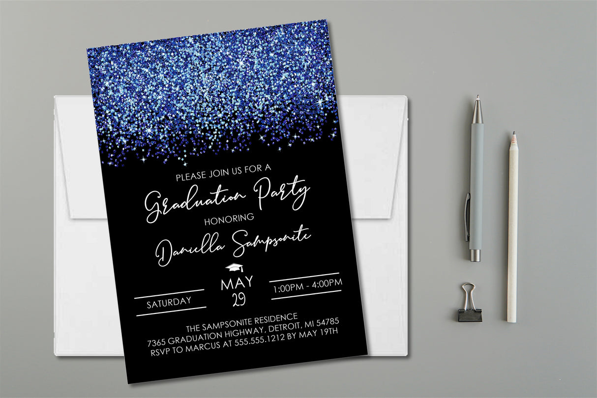 Navy blue graduation party invitation with confetti design on black background