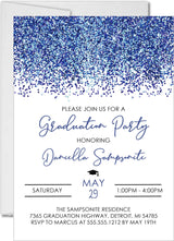 Navy blue graduation party invitation with confetti design on white background