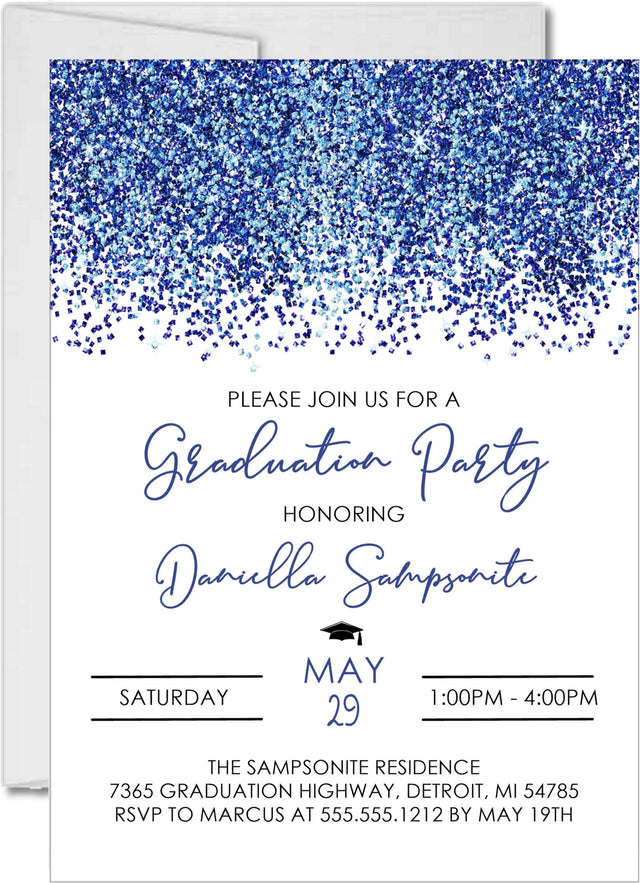Navy blue graduation party invitation with confetti design on white background