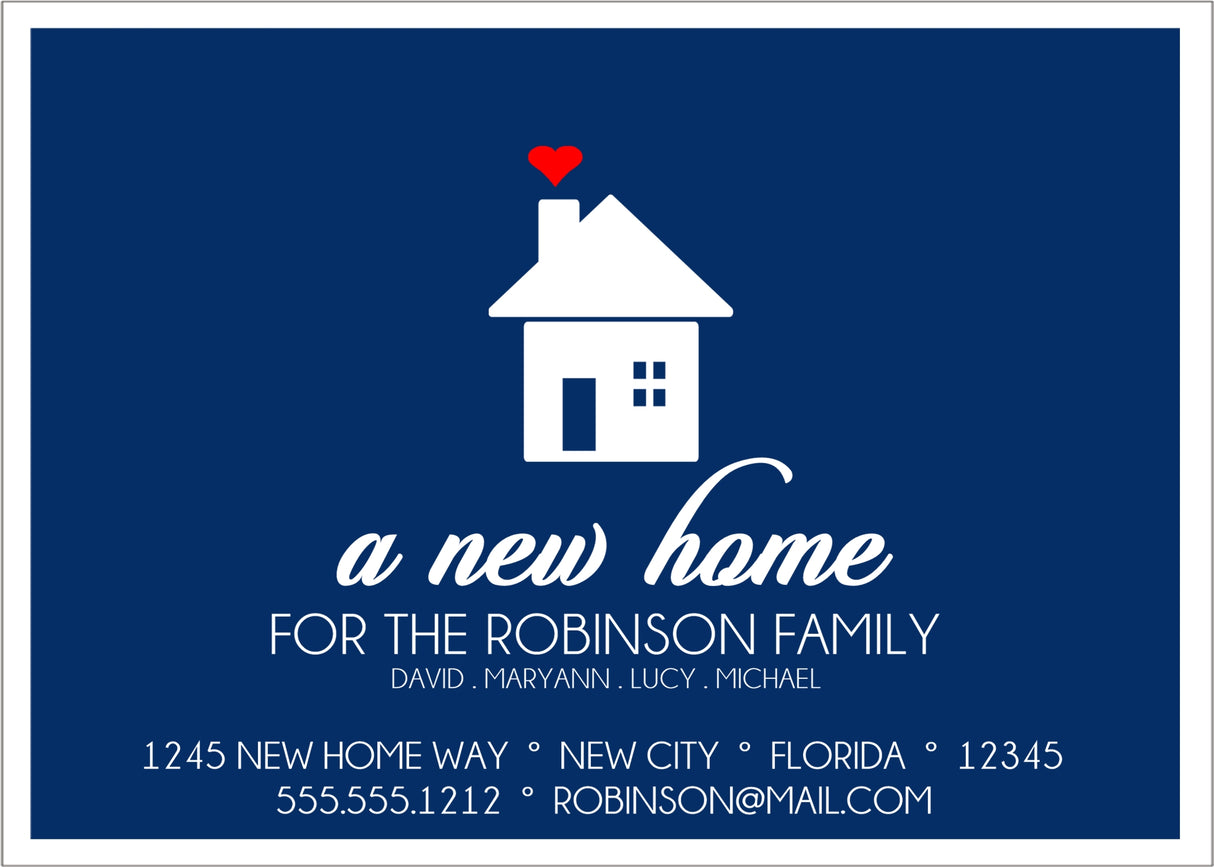 Navy blue moving announcement card with red heart accent