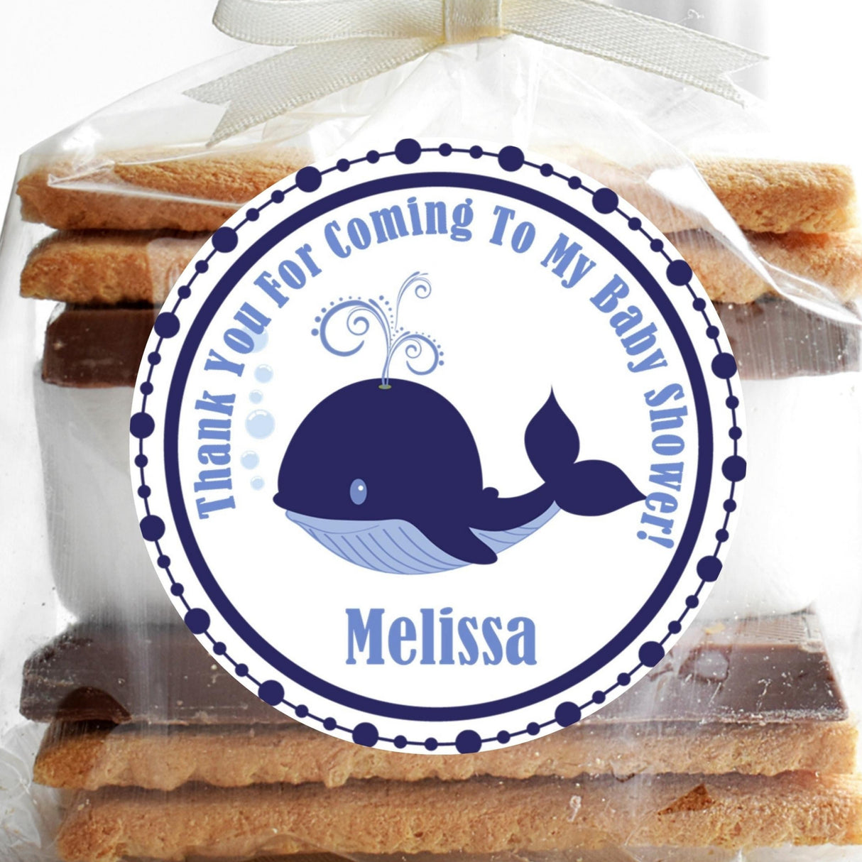 Navy blue whale baby shower sticker