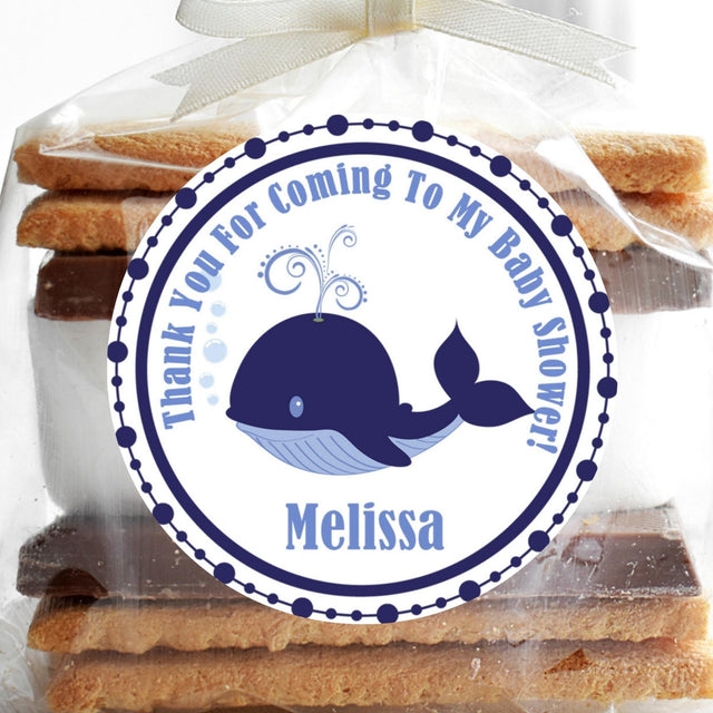 Navy blue whale baby shower sticker