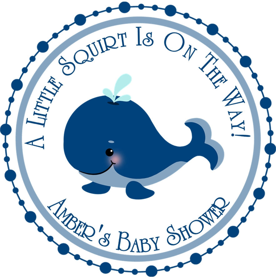 Navy blue whale baby shower sticker label favors