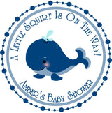 Navy blue whale baby shower sticker label favors