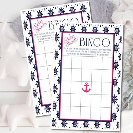 Navy pink nautical baby shower bingo printable game