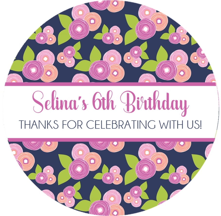 Navy pink purple flower birthday sticker label
