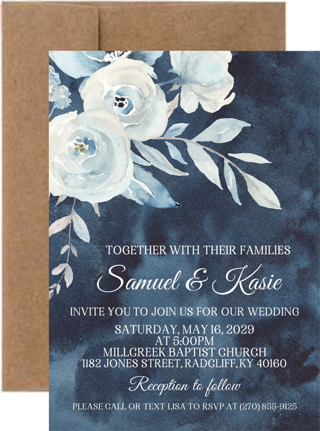 Navy watercolor floral wedding invitation featuring flowers on a dark navy background.