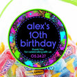 Neon paint splatter paintball birthday sticker with personalized name