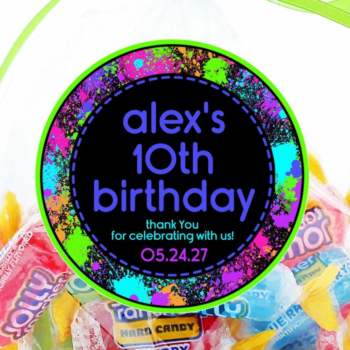 Neon paint splatter paintball birthday sticker with personalized name