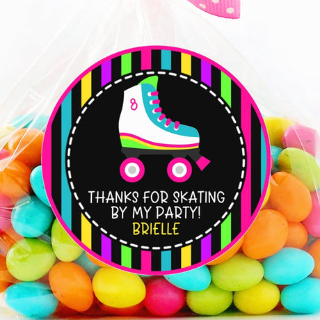 Neon roller skate party favor sticker with black background
