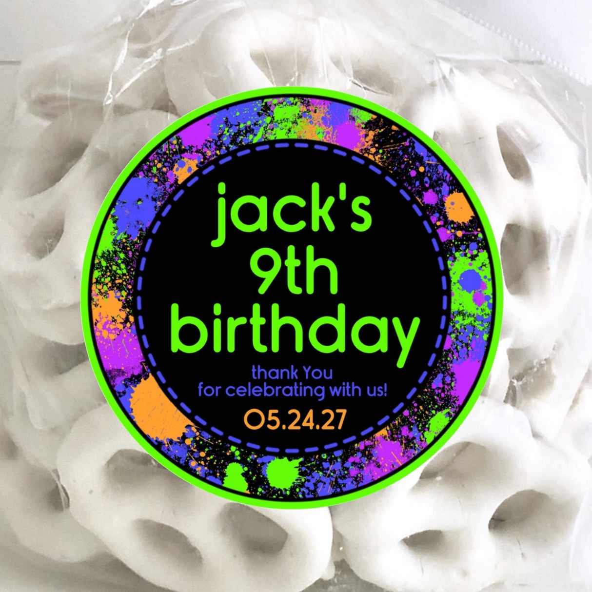 Neon splatter paintball birthday sticker with custom name and age
