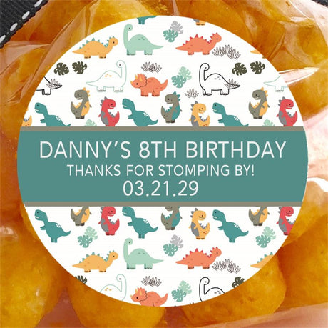 Neutral-toned dinosaur birthday sticker with personalized name