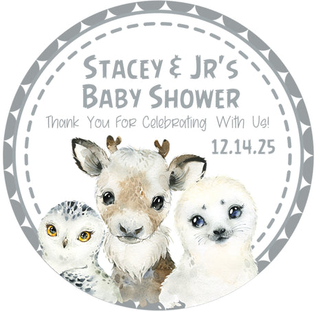 Neutral arctic animals baby shower sticker with winter woodland animals