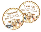 Neutral farm animal birthday sticker with cow pig lamb