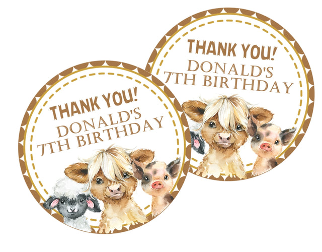 Neutral farm animal birthday sticker with cow pig lamb
