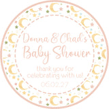 Neutral moon and stars baby shower sticker with pastel celestial theme