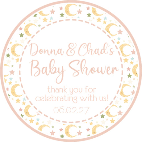Neutral moon and stars baby shower sticker with pastel celestial theme