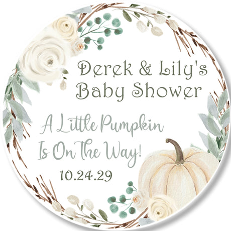 Neutral pumpkin baby shower sticker with rustic greenery and watercolor pumpkin